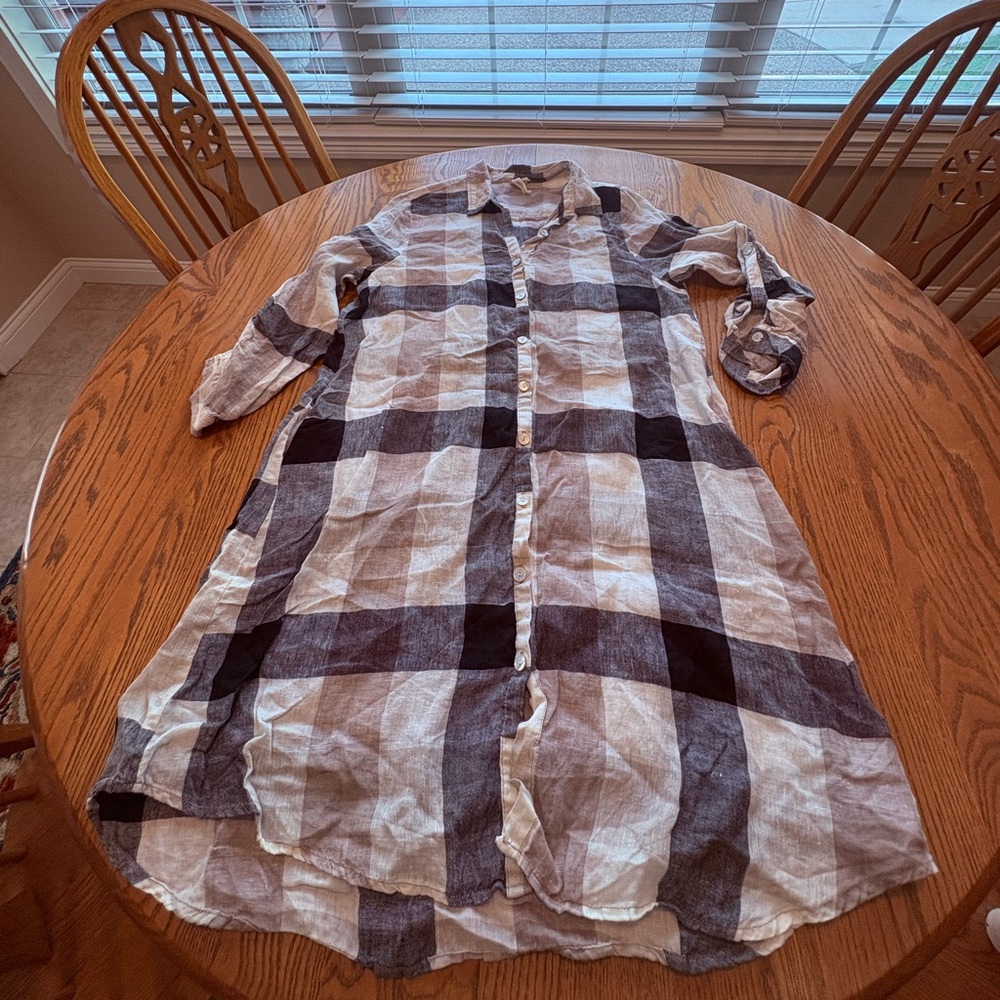Match Point Linen Plaid Button Down Shirt Dress Tunic Size M Black Tan White - Picture 12 of 13